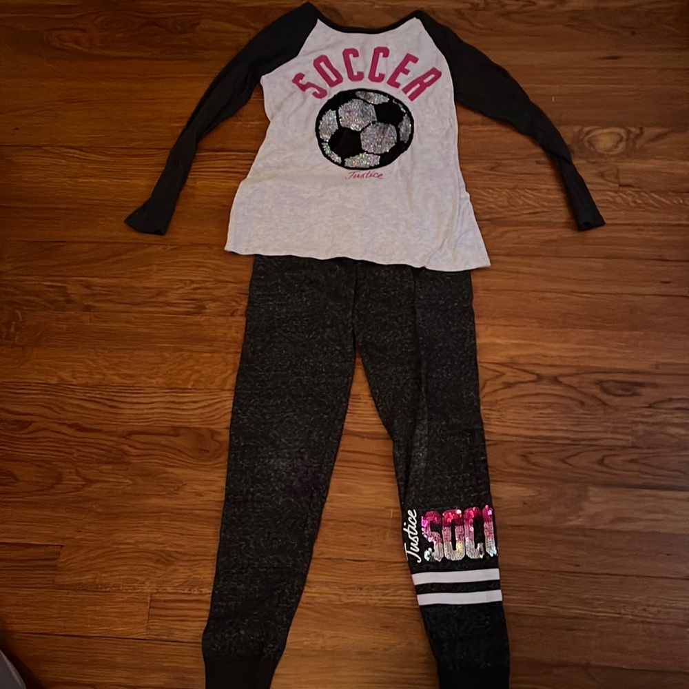 Justice girl grey and pink with sequins soccer long sleeve shirt and sweatpants